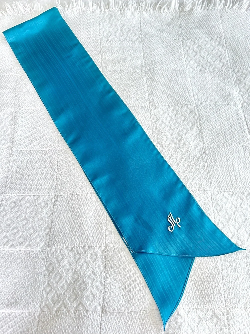 Vintage Teal Blue Green Scarf Monogram M 1970s Career Wear